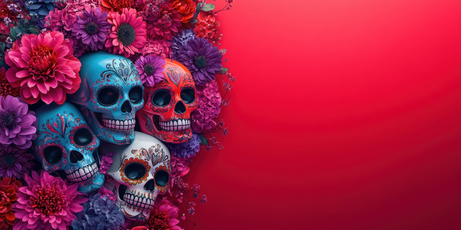 Decorative skulls surrounded by vibrant flowers create a festive atmosphere during a cultural celebration